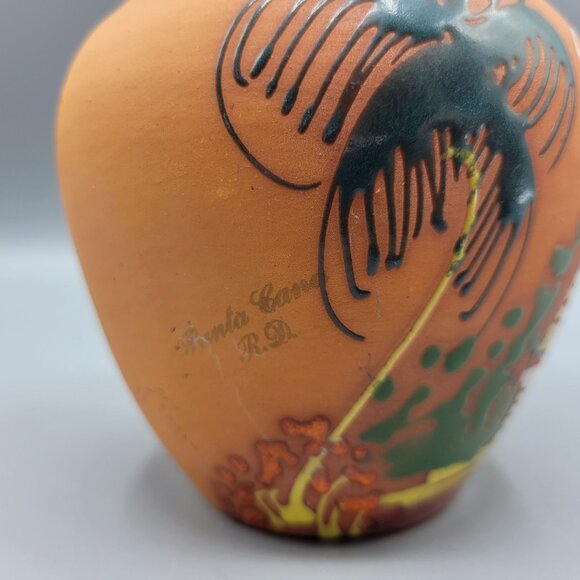 Vintage Hand Painted Terracotta Vase Scenic Design Flared Rim Signed Punta Cana - Picture 5 of 13